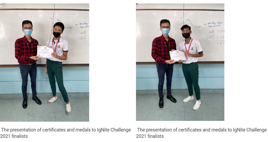 Two masked men hold a certificate together in front of a whiteboard, shown in two similar side-by-side photos.